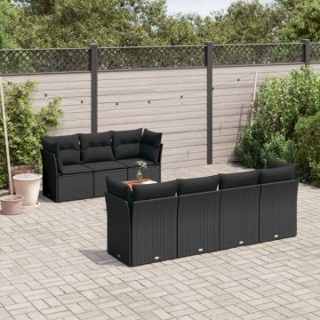 Set mobilier de grădină cu perne, 8 piese, negru, poliratan