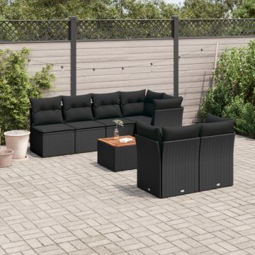 Set mobilier de grădină cu perne, 8 piese, negru, poliratan