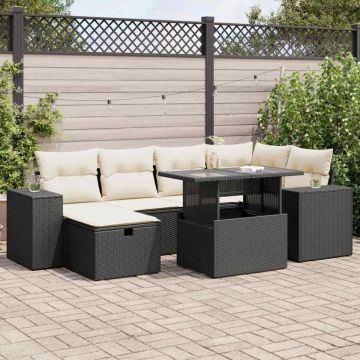 Set mobilier de grădină cu perne, 8 piese, negru, poliratan