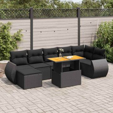 Set mobilier de grădină cu perne, 8 piese, negru, poliratan