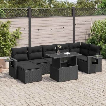 Set mobilier de grădină cu perne, 8 piese, negru, poliratan