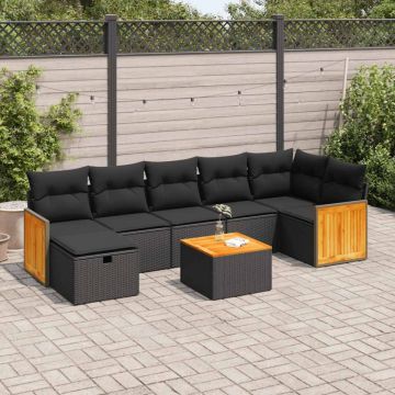 Set mobilier de grădină cu perne, 8 piese, negru, poliratan