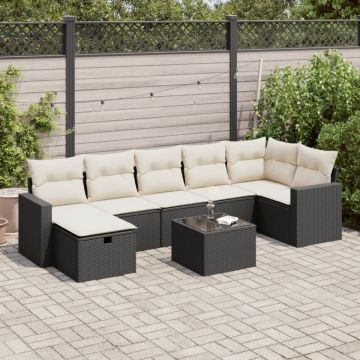 Set mobilier de grădină cu perne, 8 piese, negru, poliratan