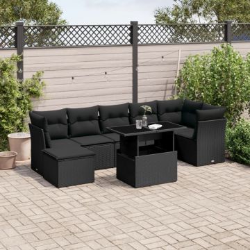 Set mobilier de grădină cu perne, 8 piese, negru, poliratan