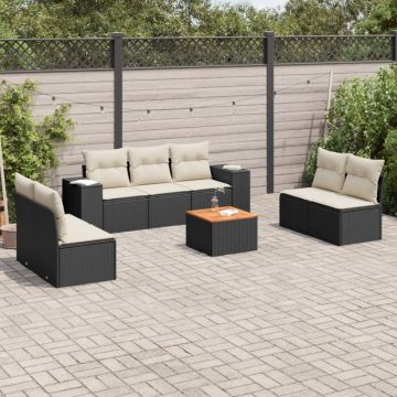 Set mobilier de grădină cu perne, 8 piese, negru, poliratan