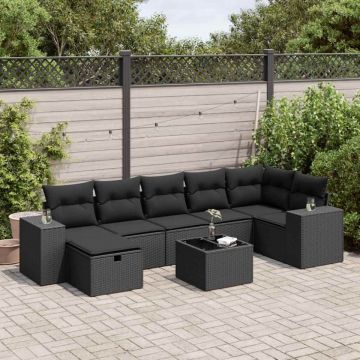 Set mobilier de grădină cu perne, 8 piese, negru, poliratan