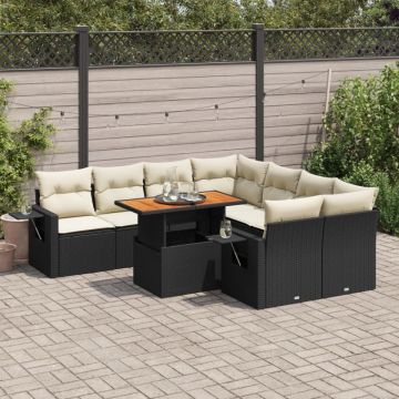 Set mobilier de grădină cu perne, 9 piese, negru, poliratan