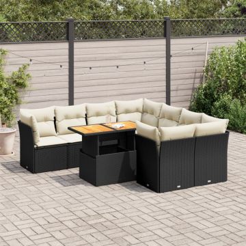 Set mobilier de grădină cu perne, 9 piese, negru, poliratan