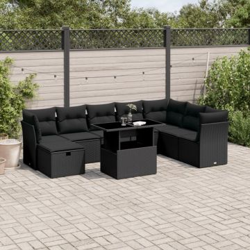 Set mobilier de grădină cu perne, 9 piese, negru, poliratan