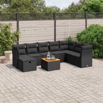 Set mobilier de grădină cu perne, 9 piese, negru, poliratan