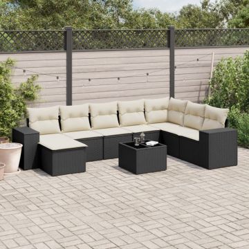 Set mobilier de grădină cu perne, 9 piese, negru, poliratan