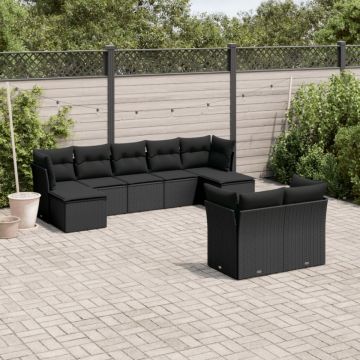 Set mobilier de grădină cu perne, 9 piese, negru, poliratan