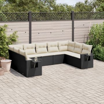 Set mobilier de grădină cu perne, 9 piese, negru, poliratan