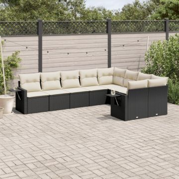 Set mobilier de grădină cu perne, 9 piese, negru, poliratan