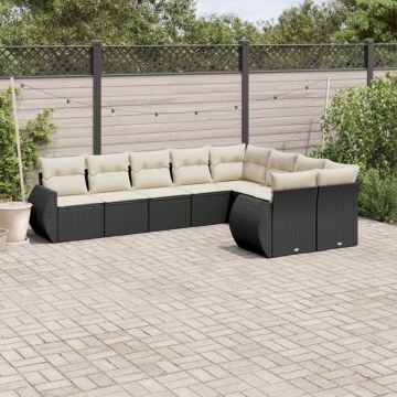 Set mobilier de grădină cu perne, 9 piese, negru, poliratan