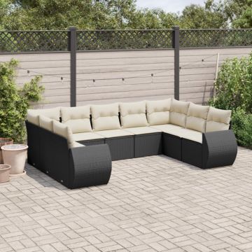 Set mobilier de grădină cu perne, 9 piese, negru, poliratan