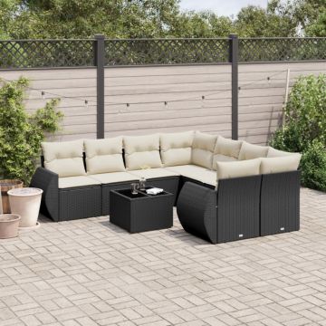 Set mobilier de grădină cu perne, 9 piese, negru, poliratan