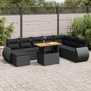 Set mobilier de grădină cu perne, 9 piese, negru, poliratan