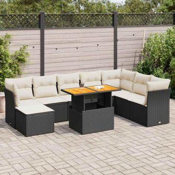 Set mobilier de grădină cu perne, 9 piese, negru, poliratan