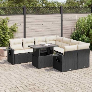 Set mobilier de grădină cu perne, 9 piese, negru, poliratan