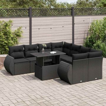 Set mobilier de grădină cu perne, 9 piese, negru, poliratan