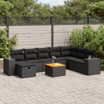 Set mobilier de grădină cu perne, 9 piese, negru, poliratan