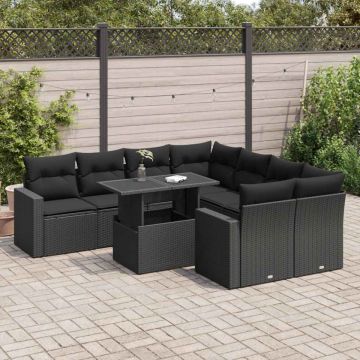 Set mobilier de grădină cu perne, 9 piese, negru, poliratan