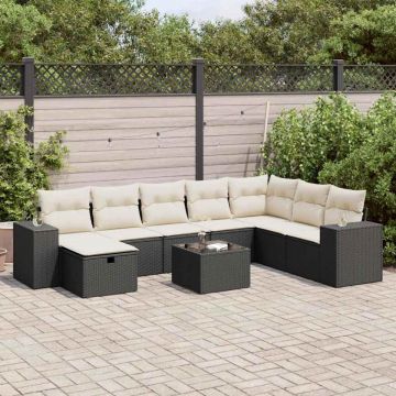 Set mobilier de grădină cu perne, 9 piese, negru, poliratan