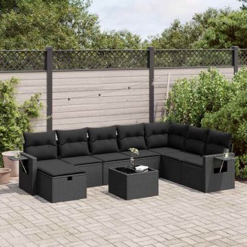 Set mobilier de grădină cu perne, 9 piese, negru, poliratan