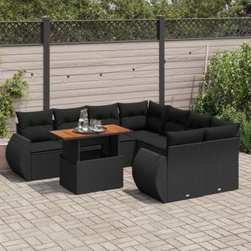 Set mobilier de grădină cu perne, 9 piese, negru, poliratan