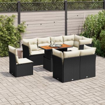 Set mobilier de grădină cu perne, 9 piese, negru, poliratan