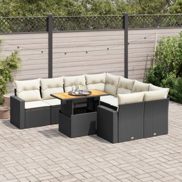 Set mobilier de grădină cu perne, 9 piese, negru, poliratan