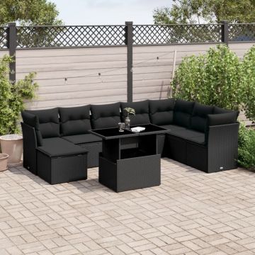 Set mobilier de grădină cu perne, 9 piese, negru, poliratan