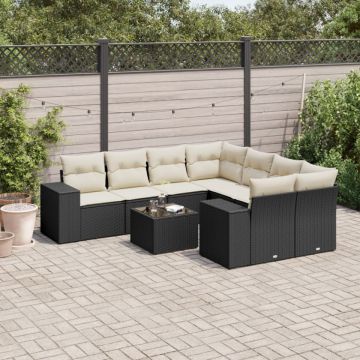 Set mobilier de grădină cu perne, 9 piese, negru, poliratan