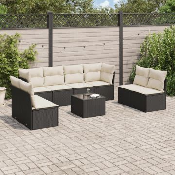 Set mobilier de grădină cu perne, 9 piese, negru, poliratan