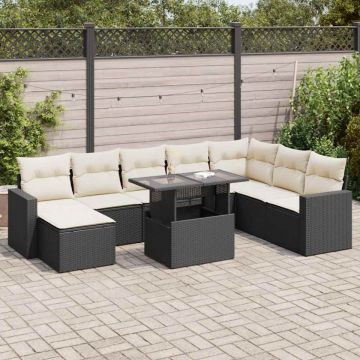 Set mobilier de grădină cu perne, 9 piese, negru, poliratan