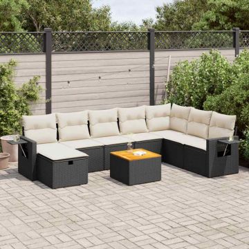 Set mobilier de grădină cu perne, 9 piese, negru, poliratan