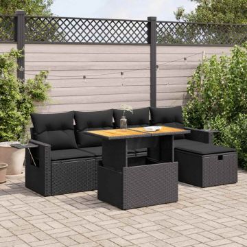 Set mobilier grădină perne 6 piese negru poliratan/lemn acacia