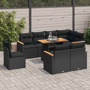 Set mobilier grădină perne 9 piese negru poliratan/lemn acacia