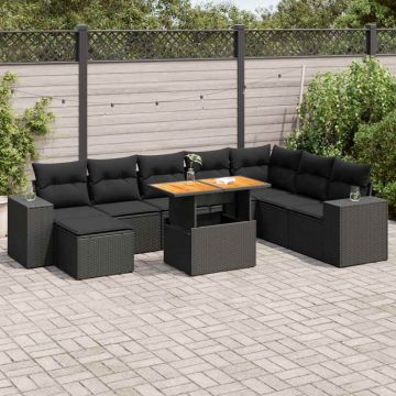 Set mobilier grădină perne 9 piese negru poliratan/lemn acacia