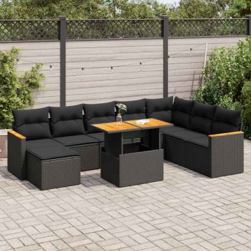 Set mobilier grădină perne 9 piese negru poliratan/lemn acacia