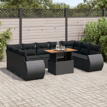 Set canapele de grădină cu perne, 10 piese, negru, poliratan