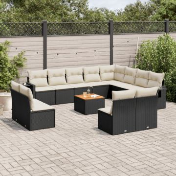 Set mobilier de grădină cu perne, 13 piese, negru, poliratan