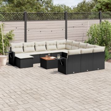 Set mobilier de grădină cu perne, 13 piese, negru, poliratan