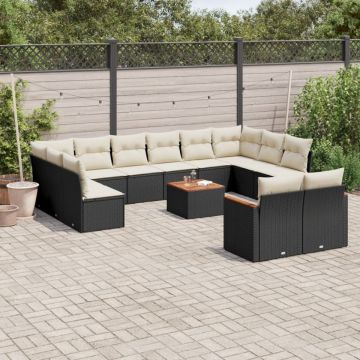 Set mobilier de grădină cu perne, 13 piese, negru, poliratan