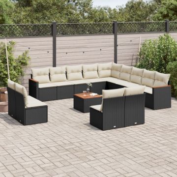 Set mobilier de grădină cu perne, 14 piese, negru, poliratan