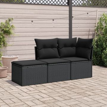 Set mobilier de grădină cu perne, 3 piese, negru, poliratan