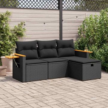 Set mobilier de grădină cu perne, 4 piese, negru, poliratan