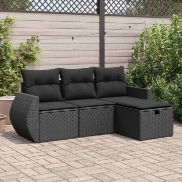 Set mobilier de grădină cu perne, 4 piese, negru, poliratan