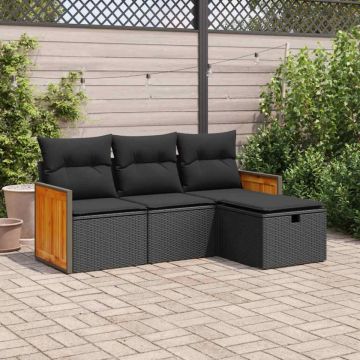 Set mobilier de grădină cu perne, 4 piese, negru, poliratan